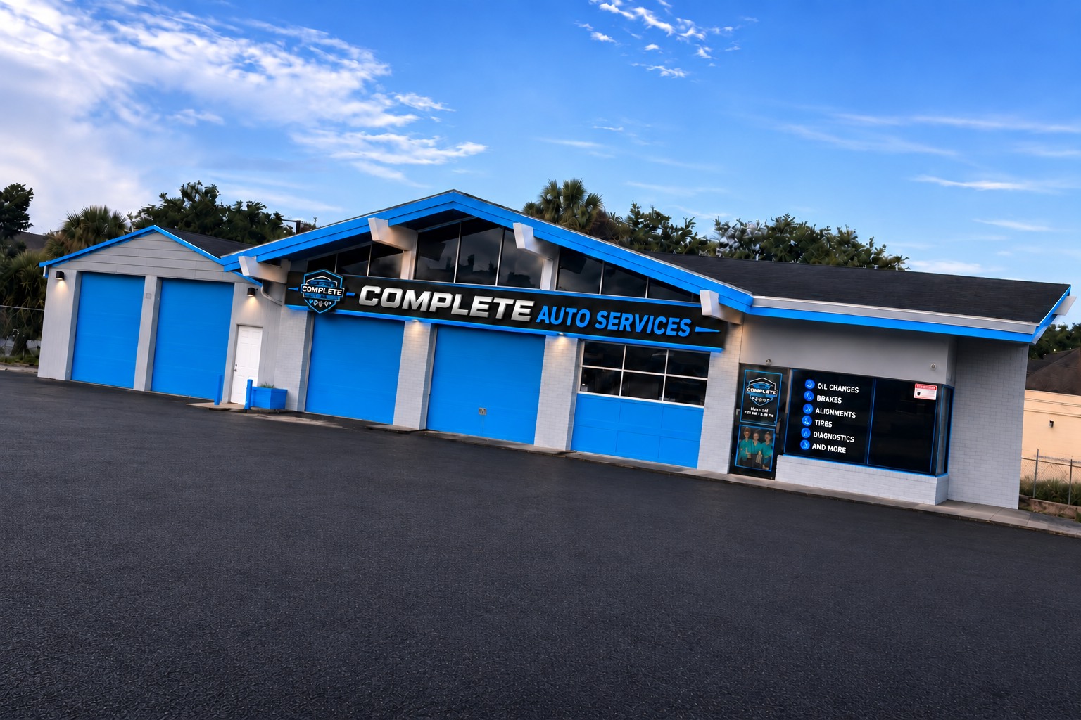 Concept rendering of the planned blue and gray Complete Auto Services repair building